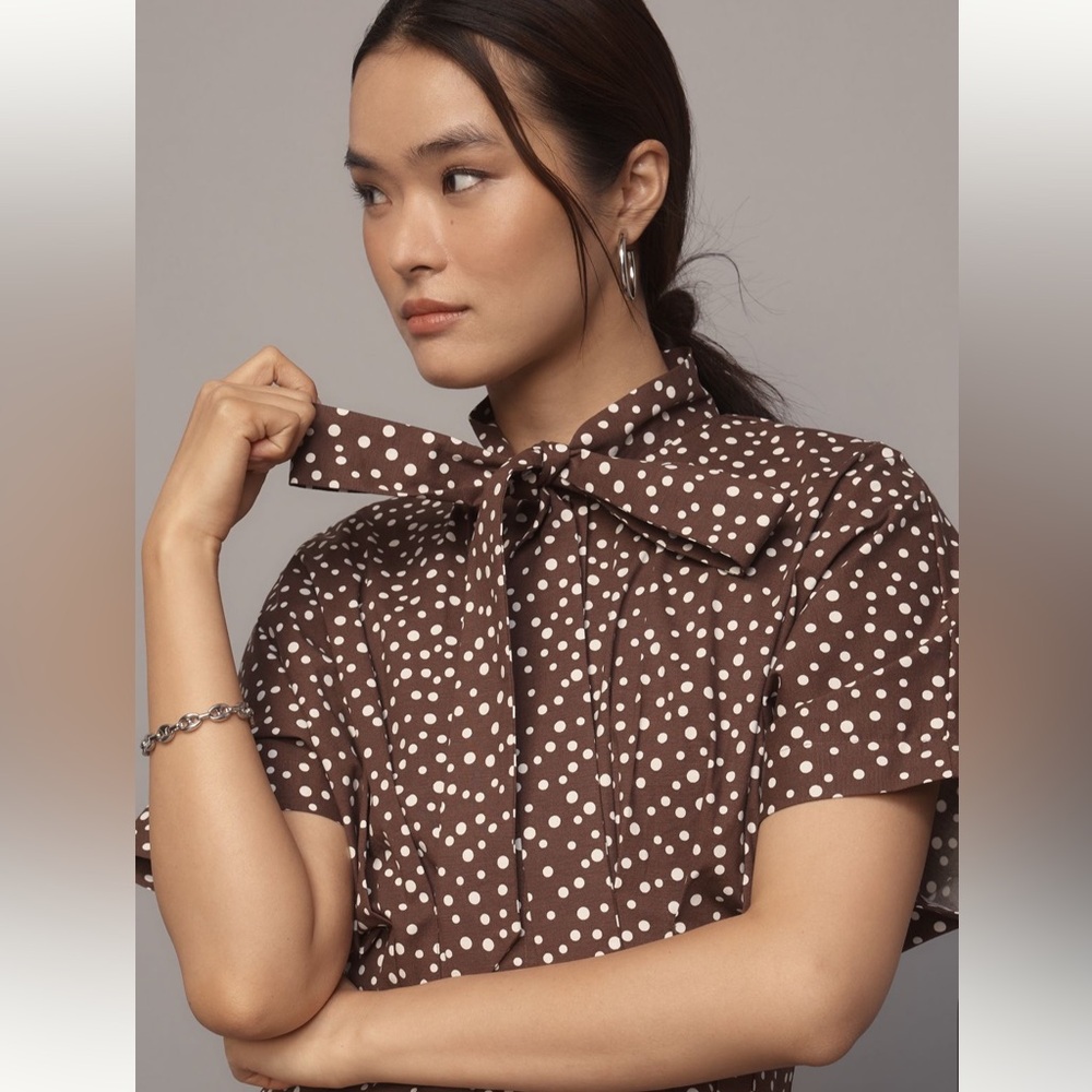 Anthropologie Exquise Tie Neck Tobie Mini Dress - Brown Polka Dot - Picture 5 of 5